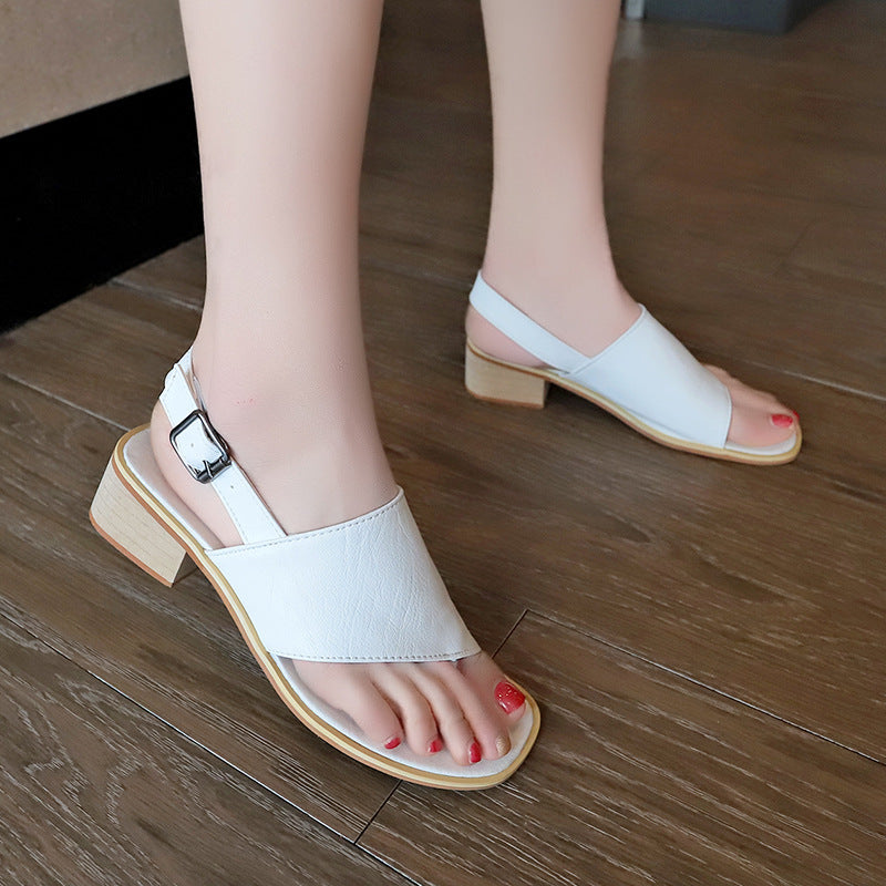 2024 summer casual Rhinestone hollow chunky heel shoes and new belt buckle solid color plus size women's sandals