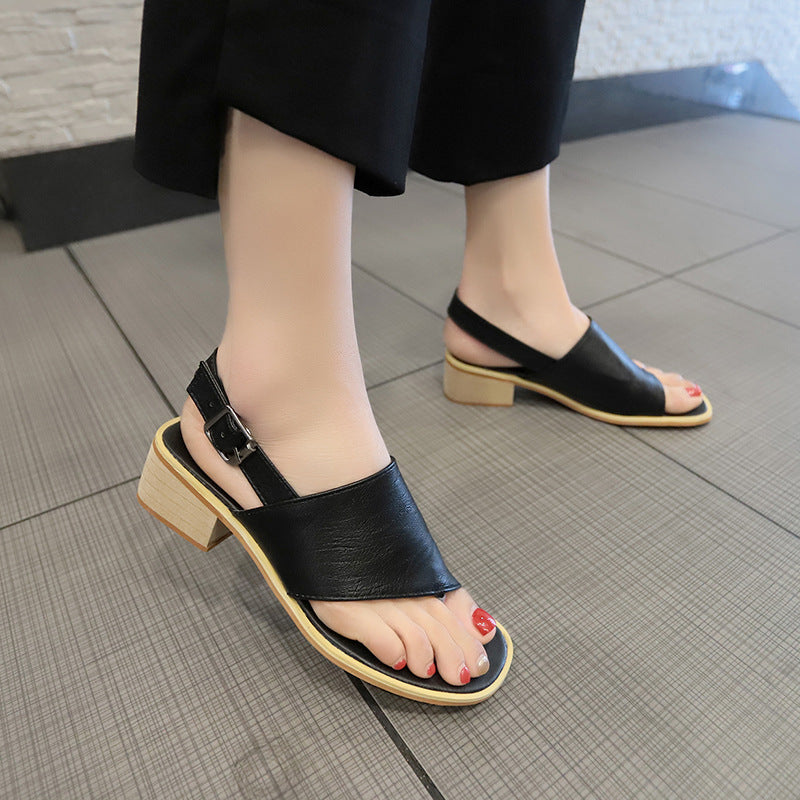 2024 summer casual Rhinestone hollow chunky heel shoes and new belt buckle solid color plus size women's sandals