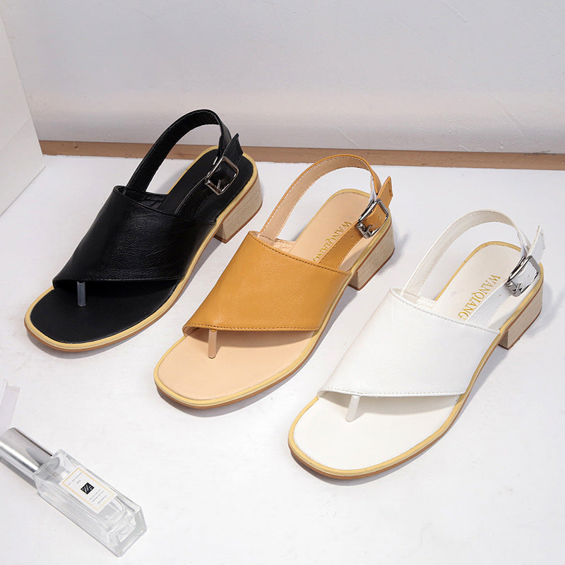 2024 summer casual Rhinestone hollow chunky heel shoes and new belt buckle solid color plus size women's sandals