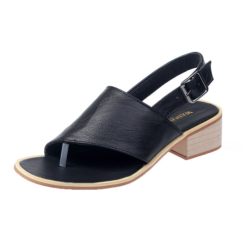 2024 summer casual Rhinestone hollow chunky heel shoes and new belt buckle solid color plus size women's sandals